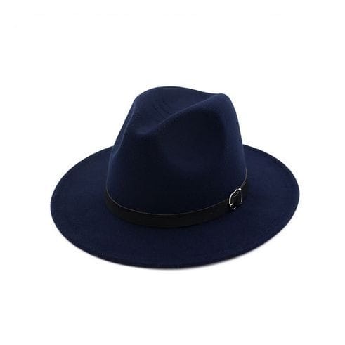 Unisex Fedora Hat With Leather Belt Band Design - Navy Blue