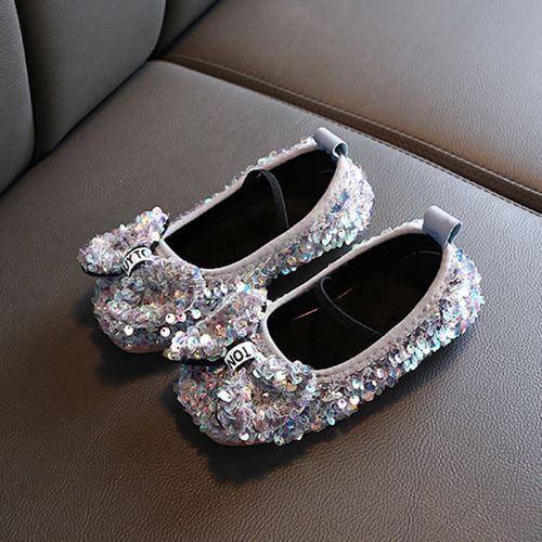 Girls' Single Leather Flat Children's Bow Sequin Soft Sole Princess Shoes Grey
