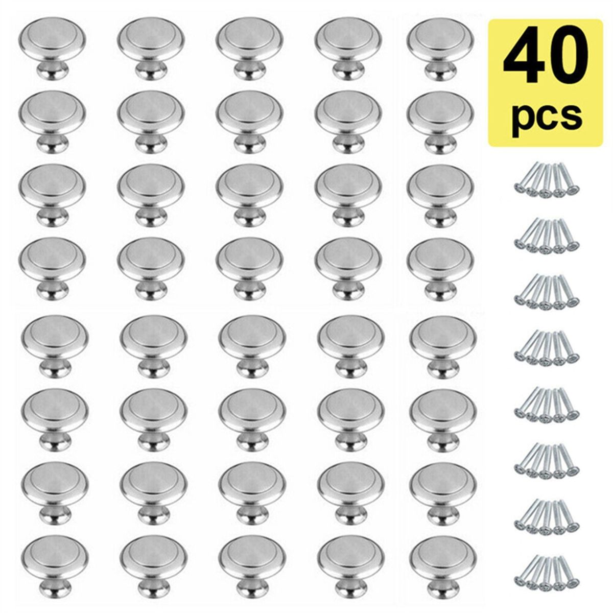 40Pcs Stainless Steel Knobs Single Hole Silver Round With