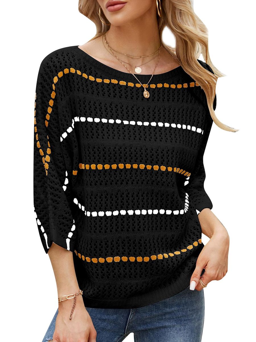Women Knitted Pullovers Striped Hollow out 3/4 Sleeve Boho Casual Knitted Sweaters