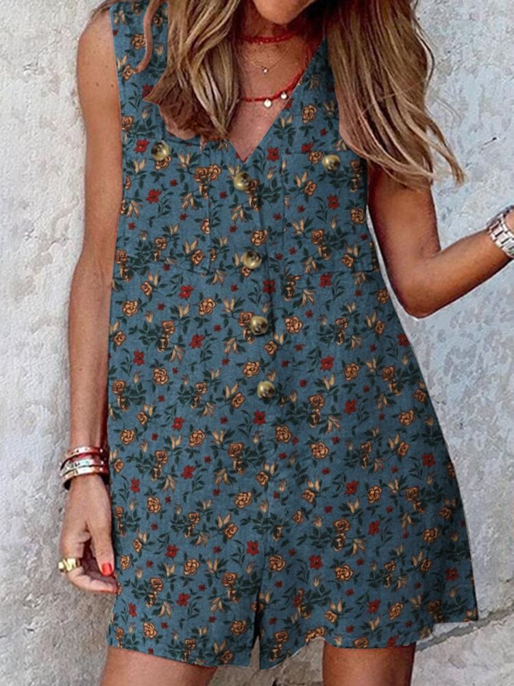 Leisure Calico Button Pocket Sleeveless V Neck Cotton Romper