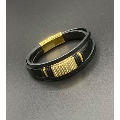 Men's Multi Level Leather Bracelet - Black & Gold