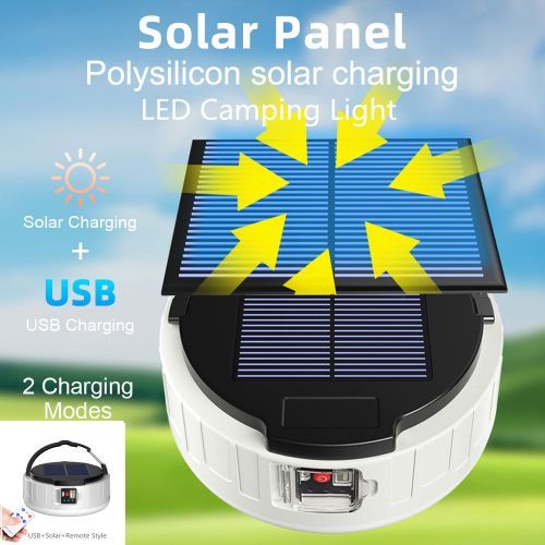 Solar USB Charging Portable Hook Strong LED Camping Light Lanterns 3 Gears Remote Dimming Emergency