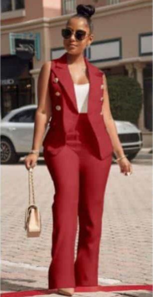 Double Breasted Sleeveless Blazer With High Waist Trouser-WINE