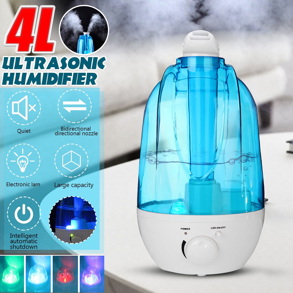4L Potable LED Ultrasonic Humidifier Atomiser Air Purifier Home/Office 20m2 Room