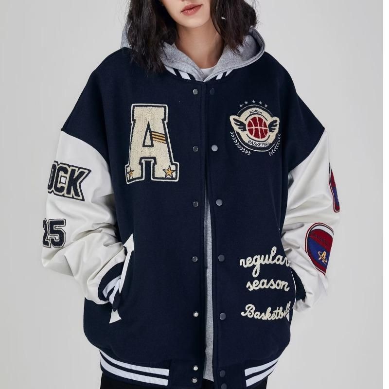 2022 American letter flocked jacket trend Woo exclusive men and women's versatile thick jacket