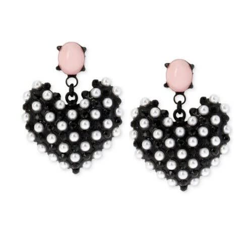 Betsey Johnson Wonderland Black Tone Faux Pearl Heart Drop Earrings