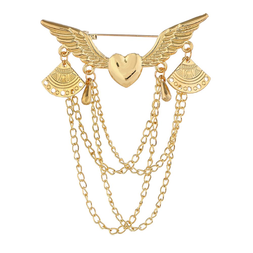 Retro Angel Wing Heart Shirt Suit Collar Tip Lapel Brooch Pin With Chain Tassel-Golden