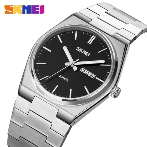 Black Silver Stainless Steel Men's Quartz Wrist Watch