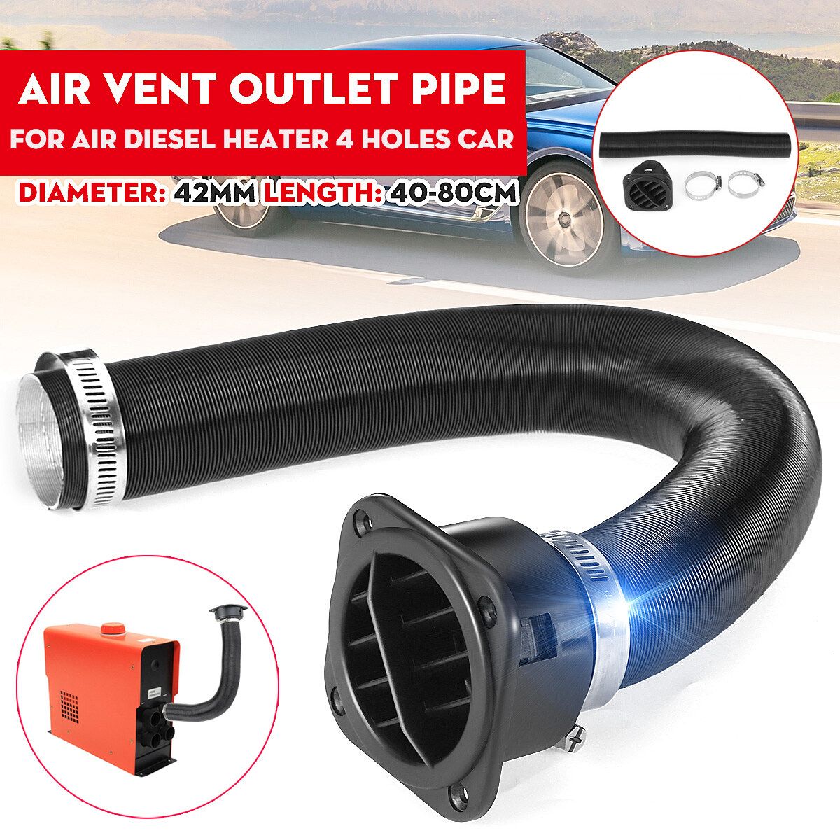 42mm Air Duct Pipe + Warm Air Outlet Clamp For 4 Holes Air Heater Car