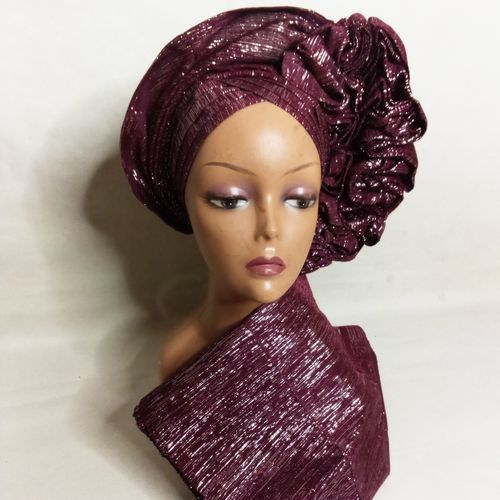 Auto Gele And Ipele Burgundy Asooke With Silver Shimmers
