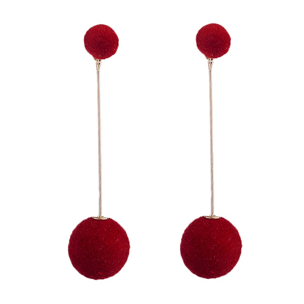 Women Double Faux Fur Ball Long Dangle Earrings-Red
