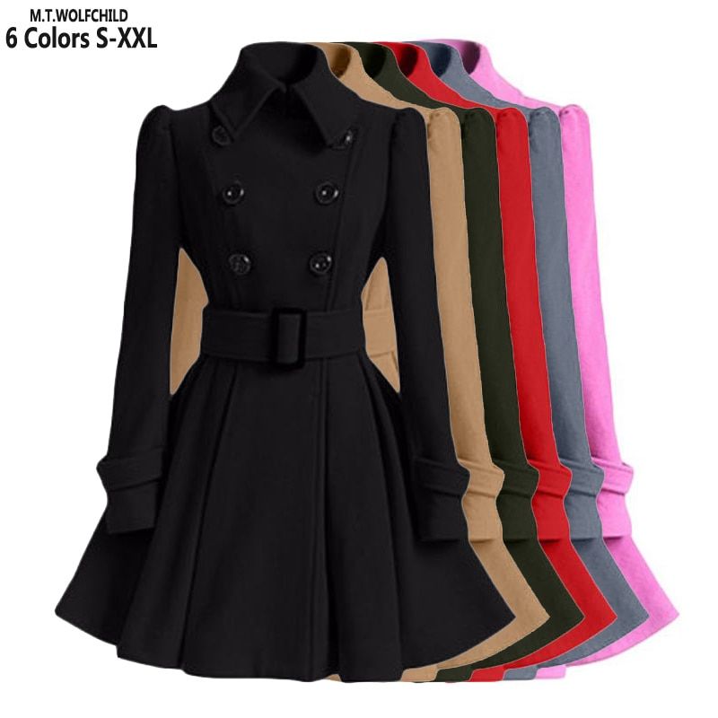 S-XXL New Fashion Classic Winter Thick Coat Europe Belt Buckle Trench Coats Double Breasted Outerwear Casual Ladies Dress Coats