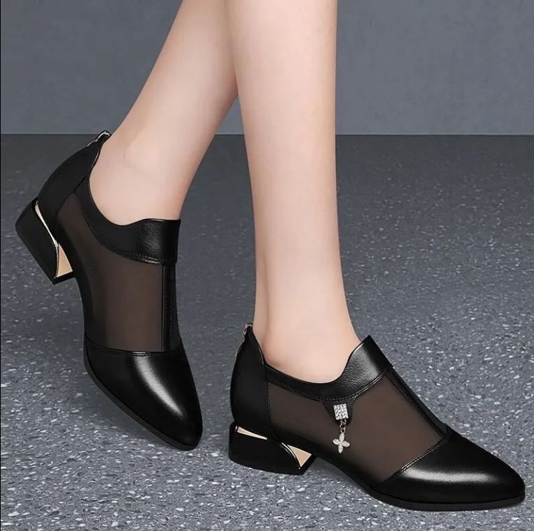 Ladies Fashion Chunky Heel Mesh Work Shoes-Black