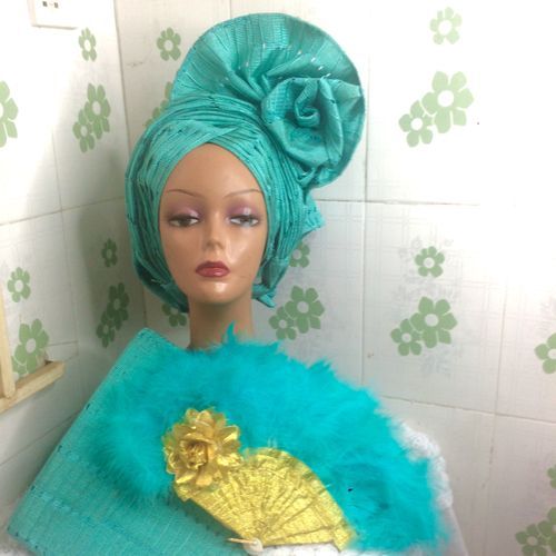 Auto Gele And Ipele In Mint Green Asooke With  Handfan