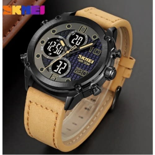 Leather Strap Chrono Beige Men's Wrist Watch