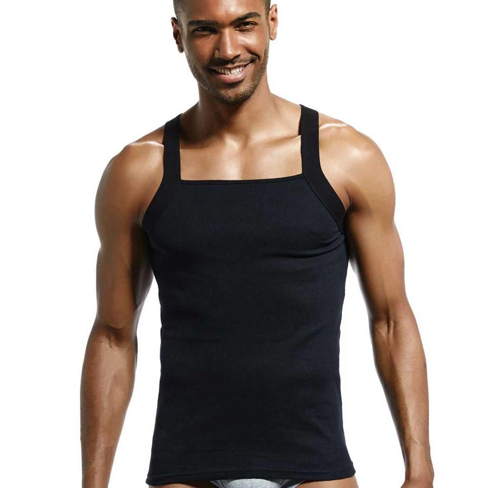 Men's Fashion Vest Cotton Tight Tank Top Home Sleep Casual Solid Boy   Asian Size Casual  Sleeveless Garment Body Building-black