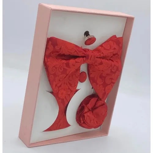 4-in-1 Classic Pattern Men's Red Bow Tie & Cufflinks