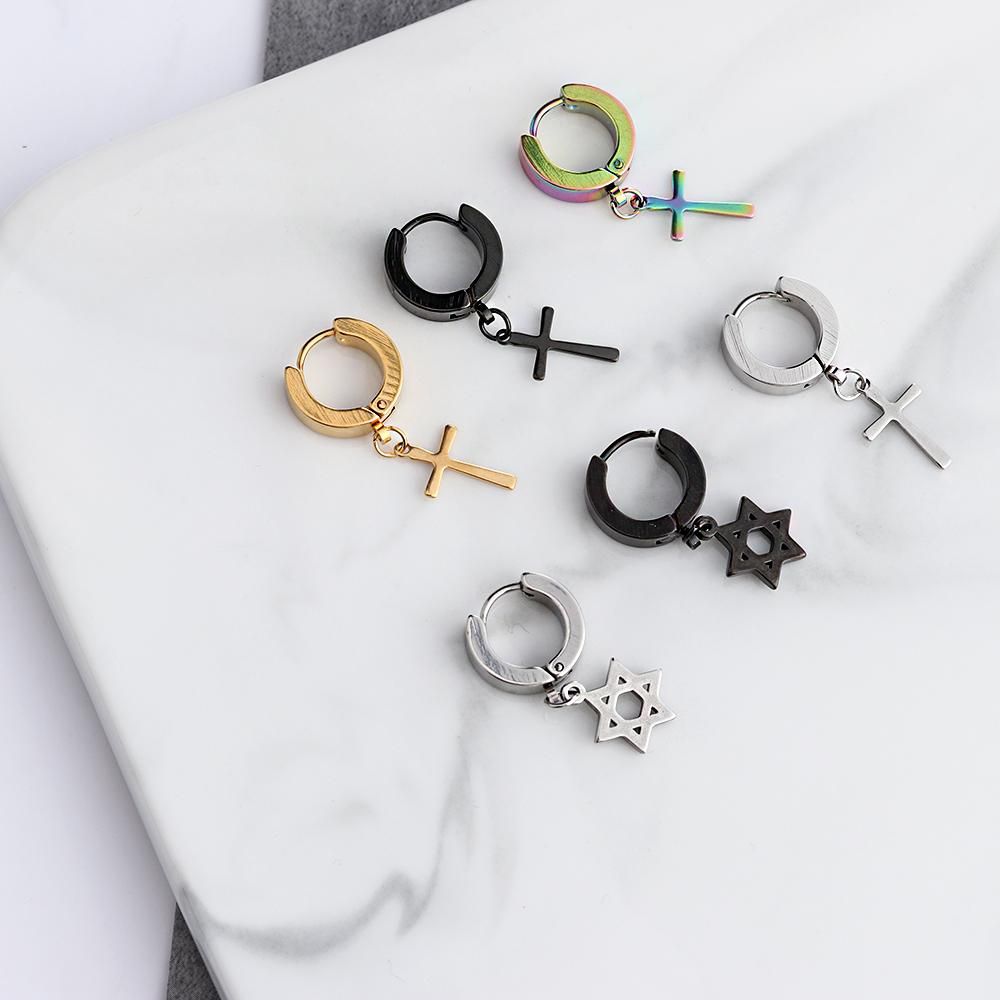 1PCS Men Women Punk Gothic Stainless Steel Dangle Black Gold Silver Cross Stars Pendant Piercing Ear Stud Hoop Huggies Earring