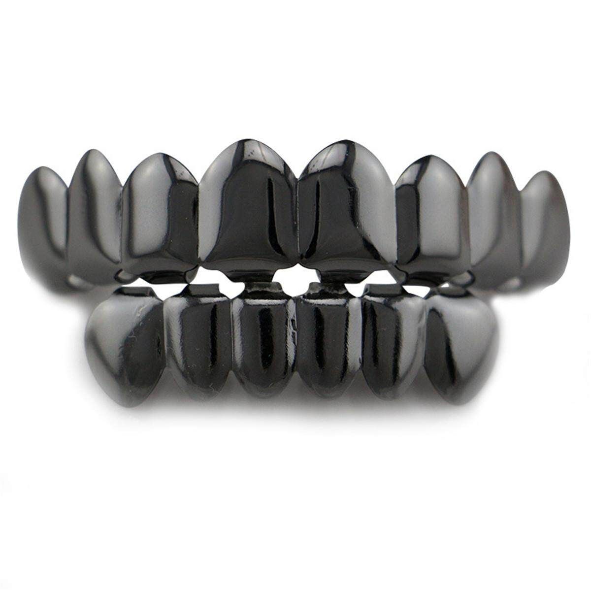 14K Gold Plated Hip Hop Teeth Grillz Top & Bottom Grill Set Black