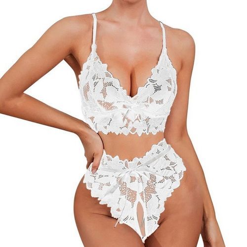 Sexy Lace Plus Size Lingerie Women's Fashion Sexy Straps Two_piece Suit Solid Color Wireless Bra Sexy Underwear Panties Set(#White 2)