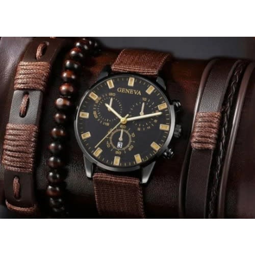 Fabric Watch With Bracelet And Beads - Brown