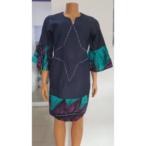 Buy Queen E's Denim Ankara Dress in Nigeria