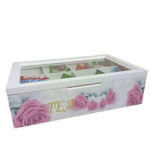 Rose Pattern White Wood Tea Box - 8 Slot - Without Glass Top