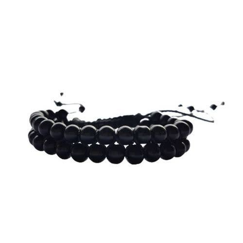 Double Layers Black Braided Bead Bracelet With Adjustable Wristband For Men