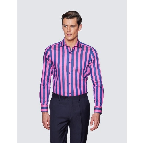 Men's Curtis Fuchsia & Blue Stripe Slim Fit Shirt - Low Collar