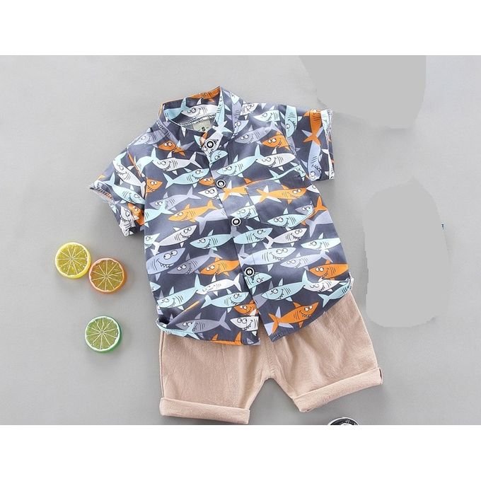 BOY PARTY SHORT SET - FISH DESIGN - BLUE/BROWN