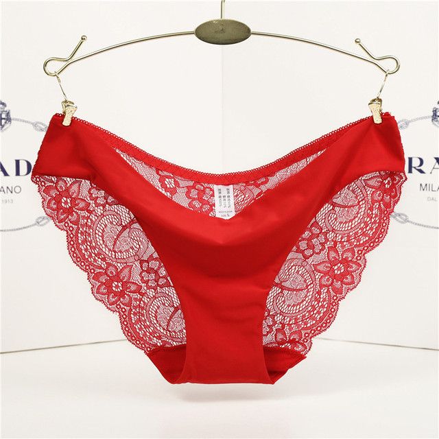 14 Colors Women's Invisible Underwear Spandex Crotch Intimate Women Sexy Lace Black Floral Panties Seamless Panty(#Red)