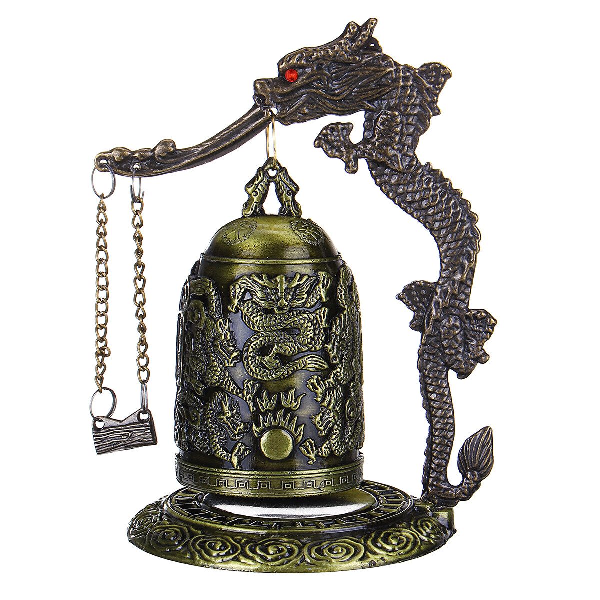 Vintage Bronze Alloy Slot Dragon Carved Buddhist Bell Chinese Geomantic Large Chain Bell