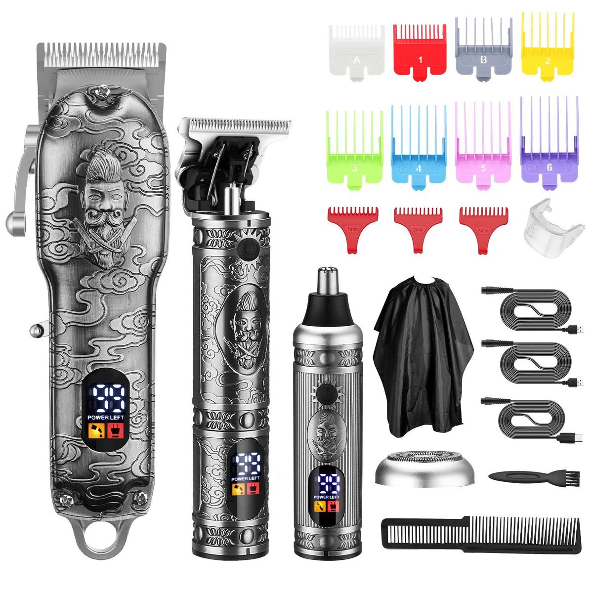 3 in 1 Full Metal Oil Head Hair Clippers Digital Display Electric Hair Trimmer Sculpting Pusher Nose Hair Set