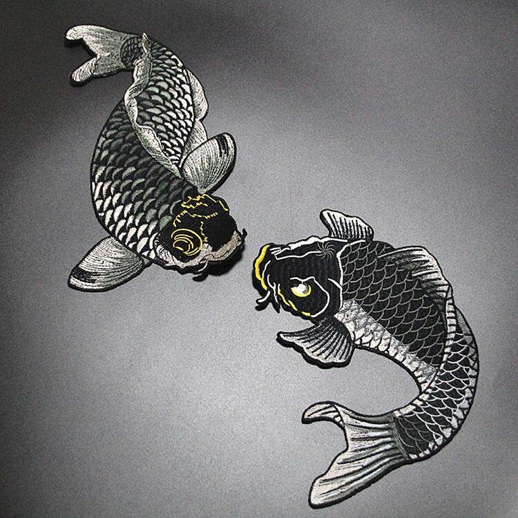 2pcs/1pair Japanese Koi Embroidered Iron/Sew On Big Cool Fish Black Carp