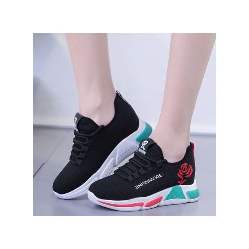 Ladies Classic Casual  Fashion Sneakers With Cute Flower - Black