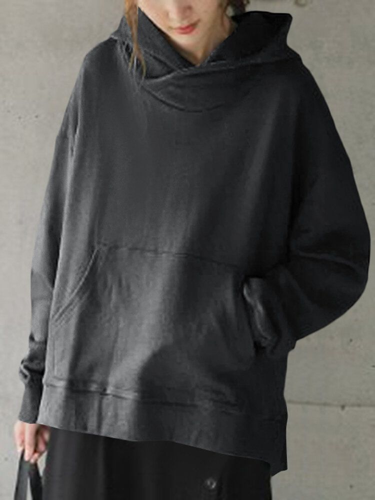Solid Simple Front Pocket Loose Fit Split Hem Hoodie For Women-Dark Grey