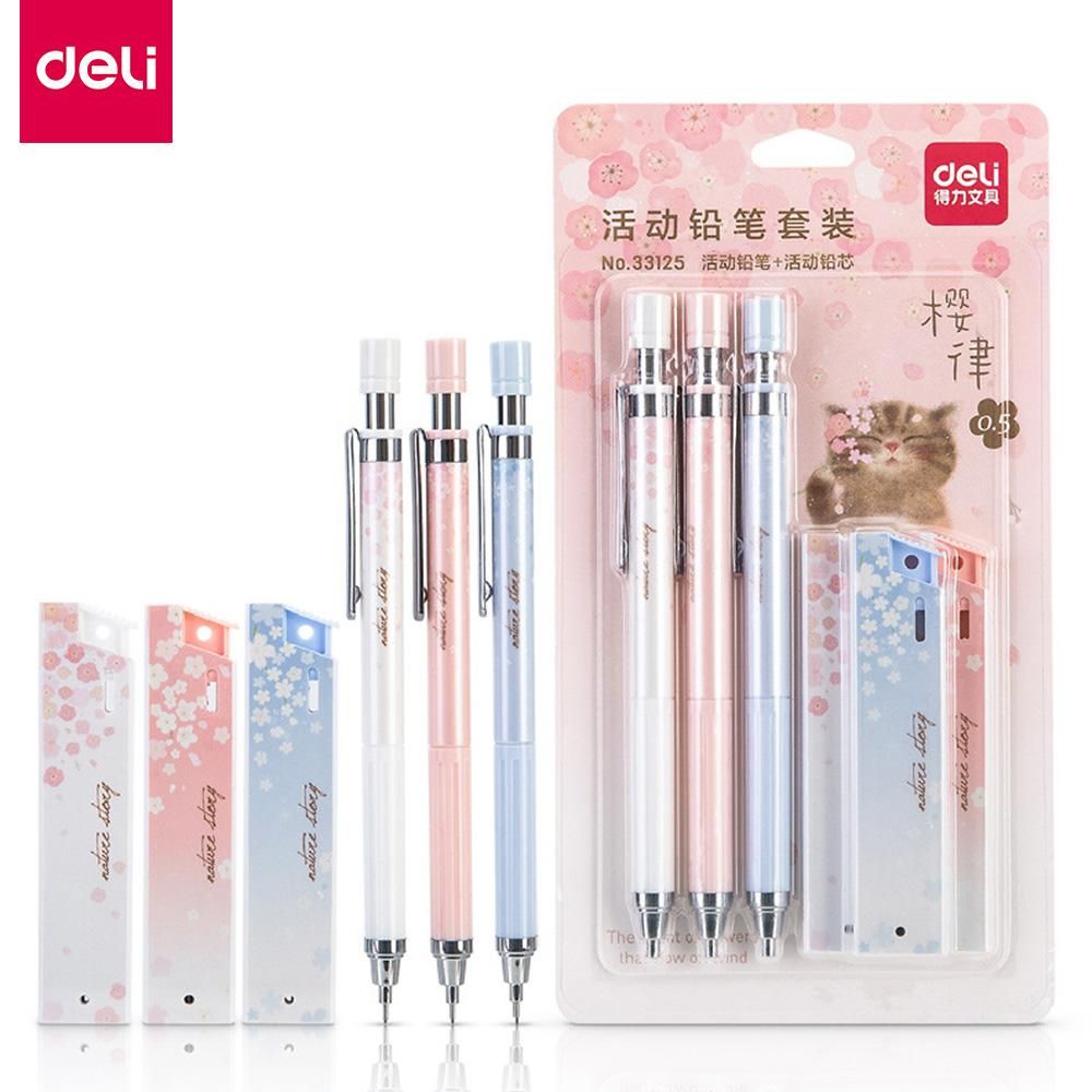 Deli Mechanical Pencil Set Automatic Drafting Pencil Includes 3 Pencils/3 Pack 0.5mm Lead Refills Drawing Pencil Refillable for Drafting/Sketching/Illustrations/Architecture 3-Count