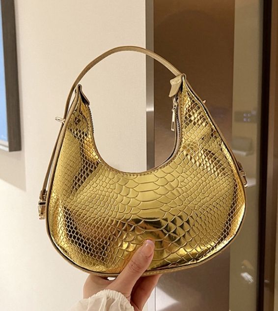 Crocodile Glossy Skin Design Handbag- Gold