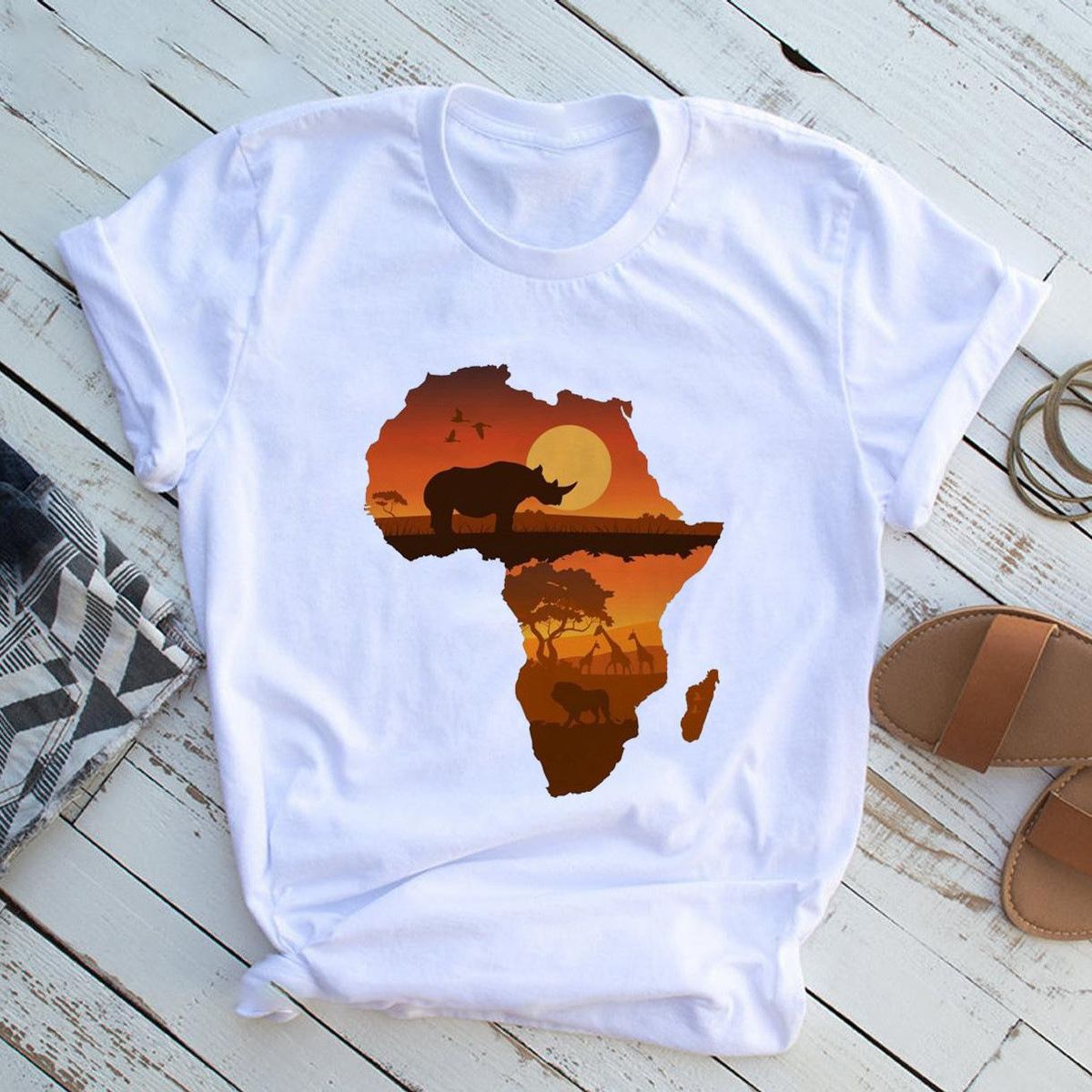 African map black girl printed T-shirt short sleeved women's clothing