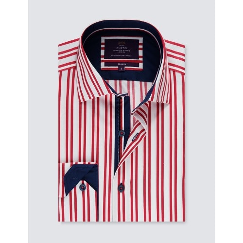 Men's White & Red Stripes Relaxed Slim Fit Shirt - Medium Collar