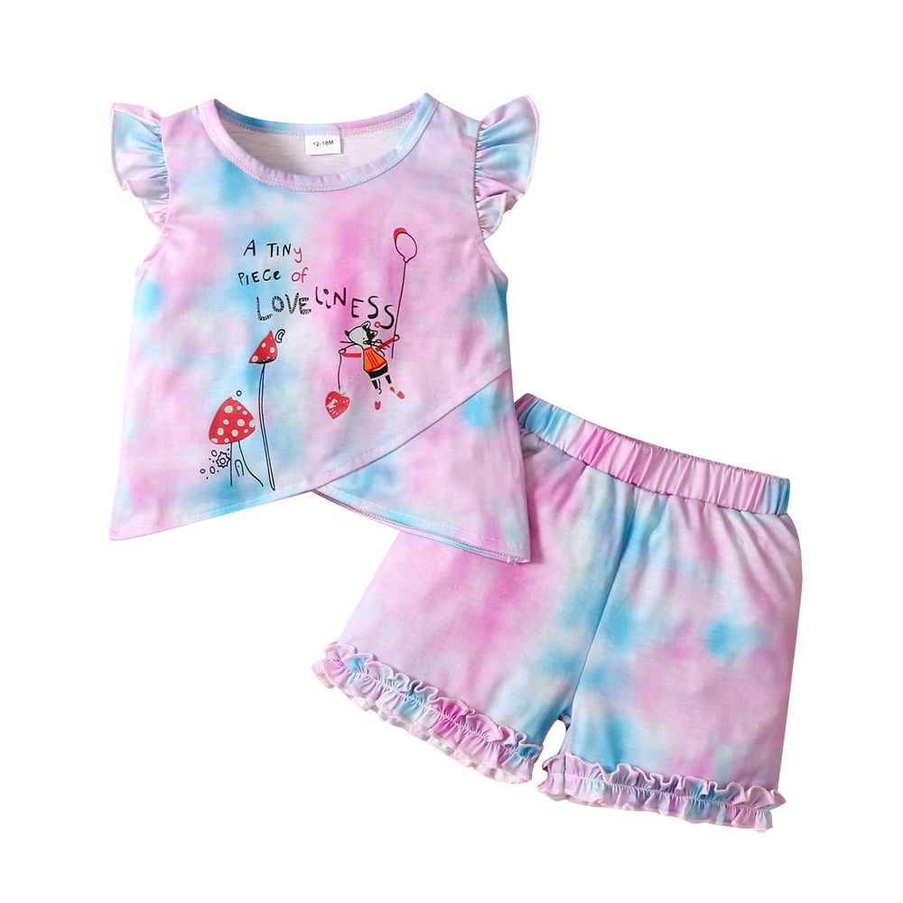 1-5 Years Little Girl 2PCS Suit Set Ruffle Tie Dyed T-shirt+Shorts
