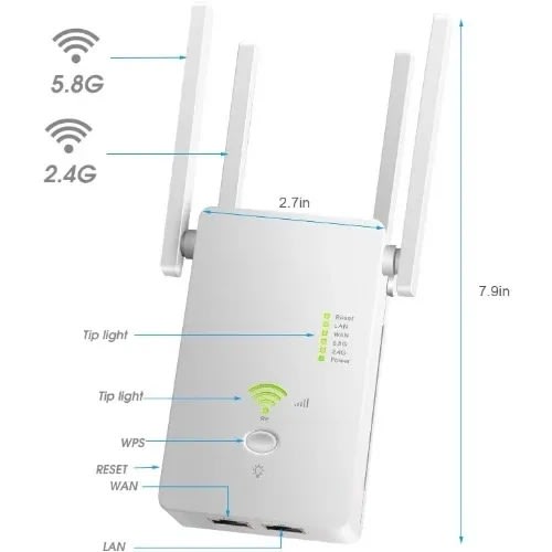 5G Wireless Wifi Extender AP Dual Band 2.4g Long Range 1200Mbps - White