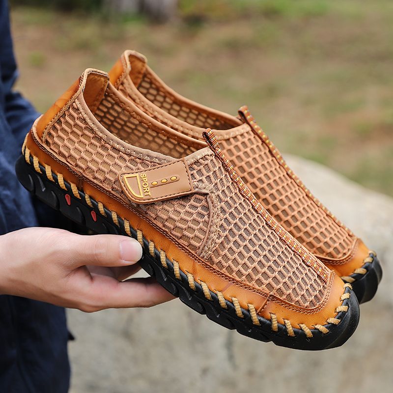 High Quality Mens Hiking Shoes EUR Size 38-48 Climbing Mountain Trekking Shoes Summer Mesh Breathable Outdoor Sneakers Non-Slip Wear-resistant Rubber Male Shoes Handmade Fishing Shoes Brown