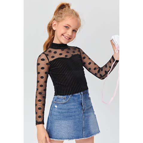 Girls Long Dot Sheer Mesh Yoke Velvet Top-size Run Slim&small (order 3 Sizes Up)