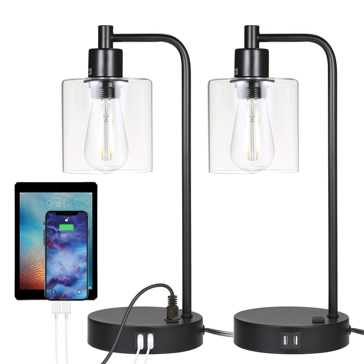 Industrial Table Light Vintage Retro Desk Lamp Bedside Nightstand Light with Two 2.1A USB Ports 1 AC Port Sensitive Touching Control 3 Levels Dimmable Brightness Adjustable with Glass Lampshade for Bedroom Living Room Office 6W Bulbs Included (Set of 2)