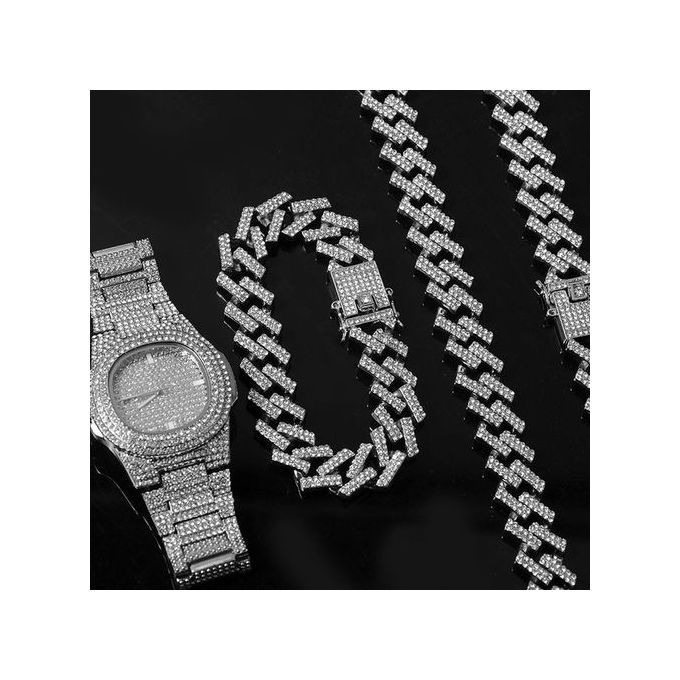 Man 8" Bracelet &18" Cuban NecklaceHip Hop & 9" Wristwatch