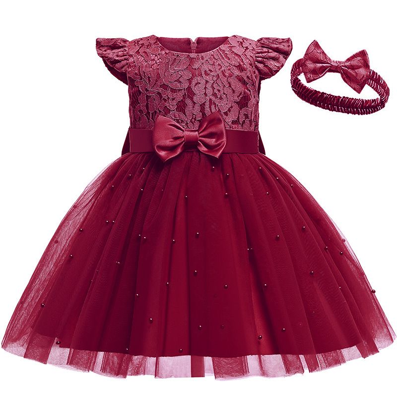 Girls Princess Bowknot Dress Toddler Baby Kids Ruffles Lace Tutu Wedding Birthday Costume Children Elegant Party Pink Clothes