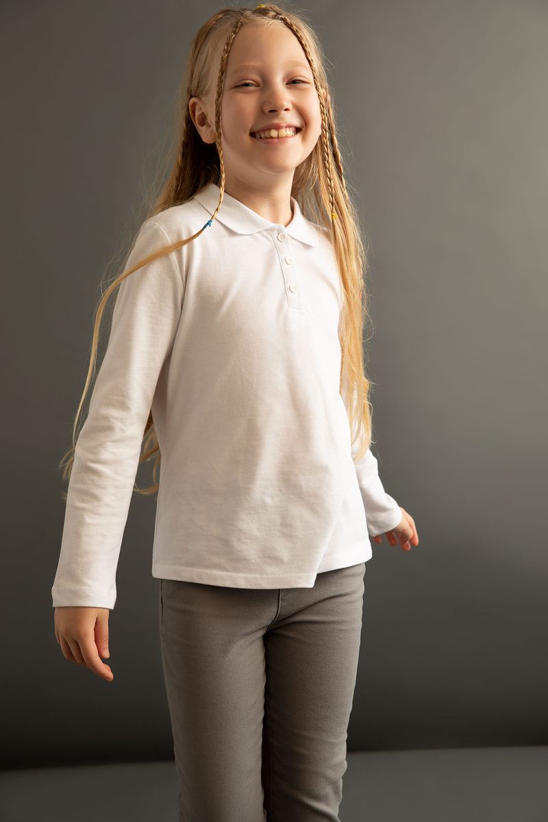 Girl Knitted Regular Fit Polo Neck Long Sleeve Polo T-Shirt -White