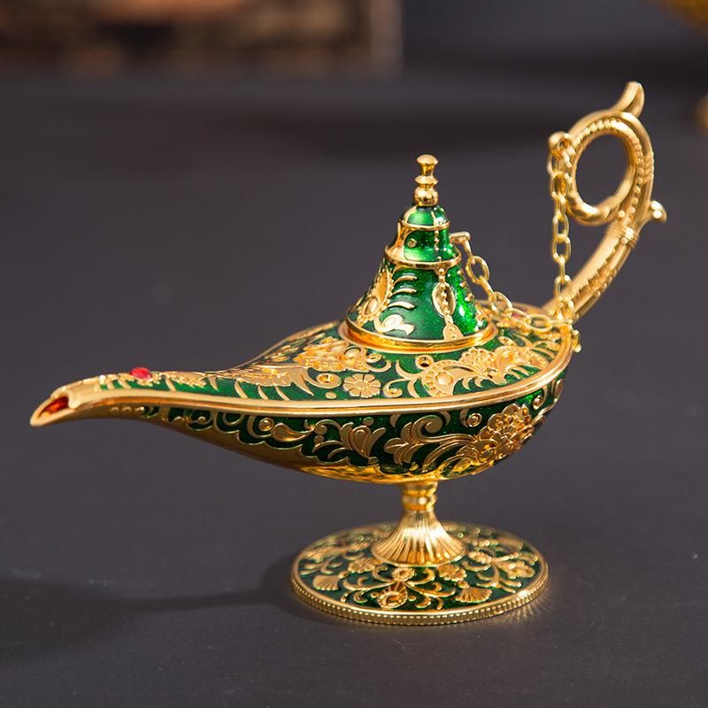 New Metal Crafts Aladdin Magic Lamp Ornament Hollow Creative Retro Wishing Lamp Russian Living Room Gift green Small size 20*12cm width 7cm